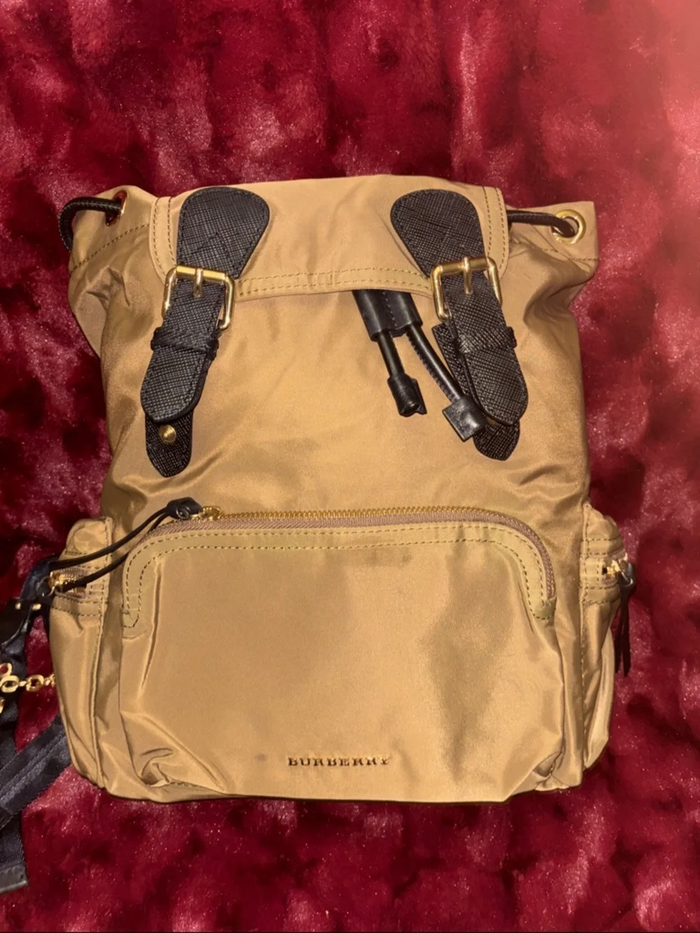 Burberry Beige Drawstring Nylon Backpack with Dark Trim